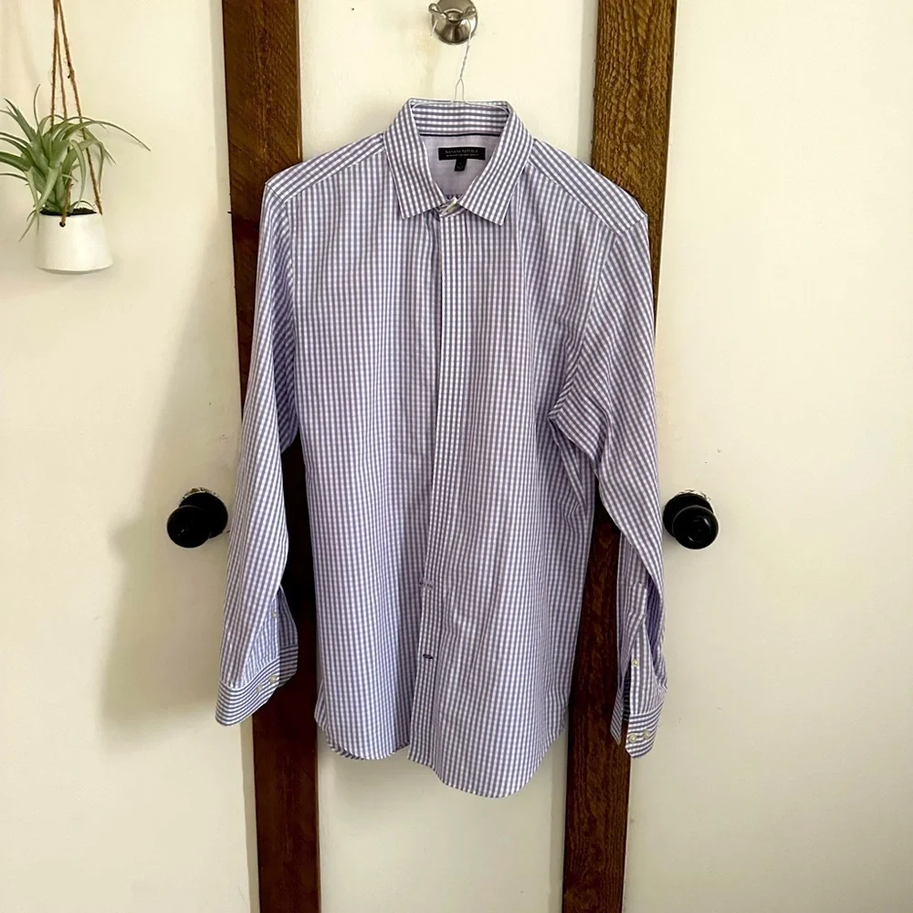 Banana Republic Men Large Non-Iron Slim Fit Long Sleeve Purple Blue Check Shirt